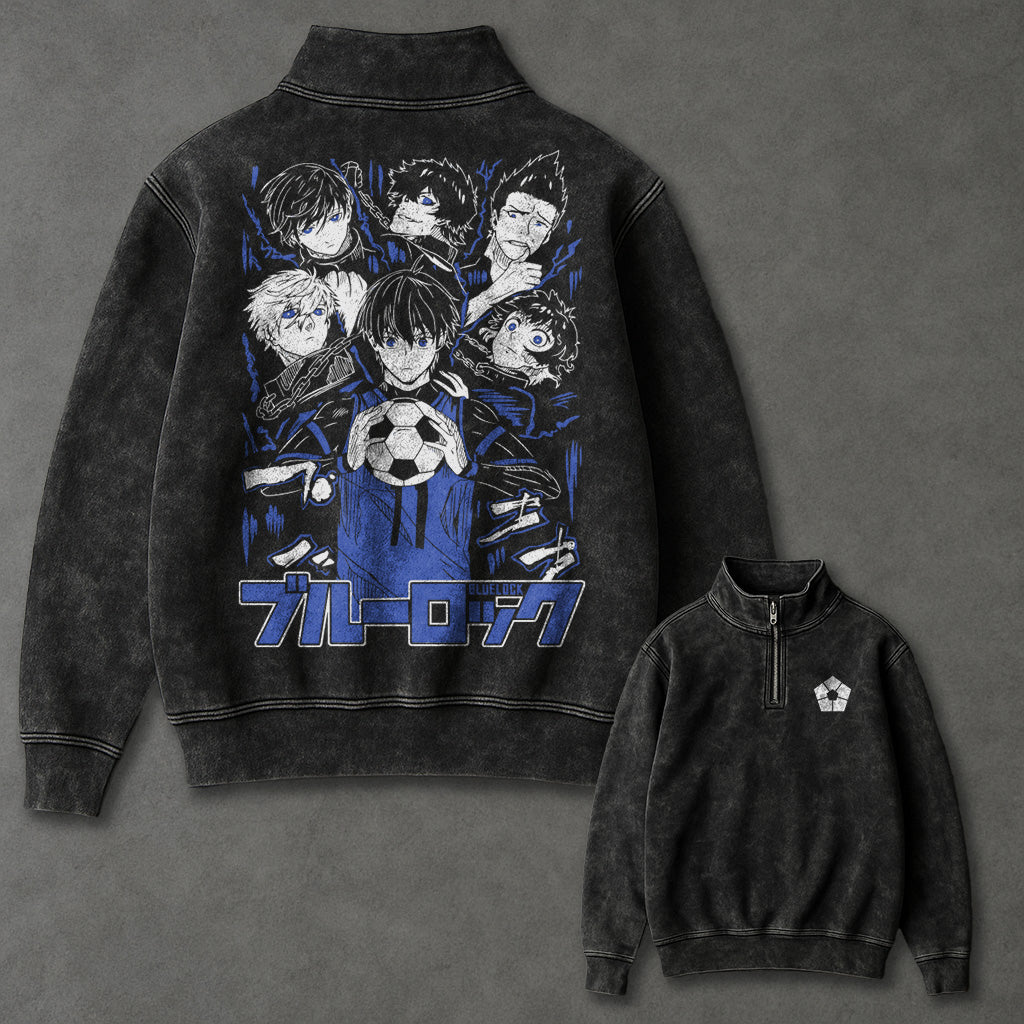Blue Lock Drapey Half Zip Up Washed Sweatshirt