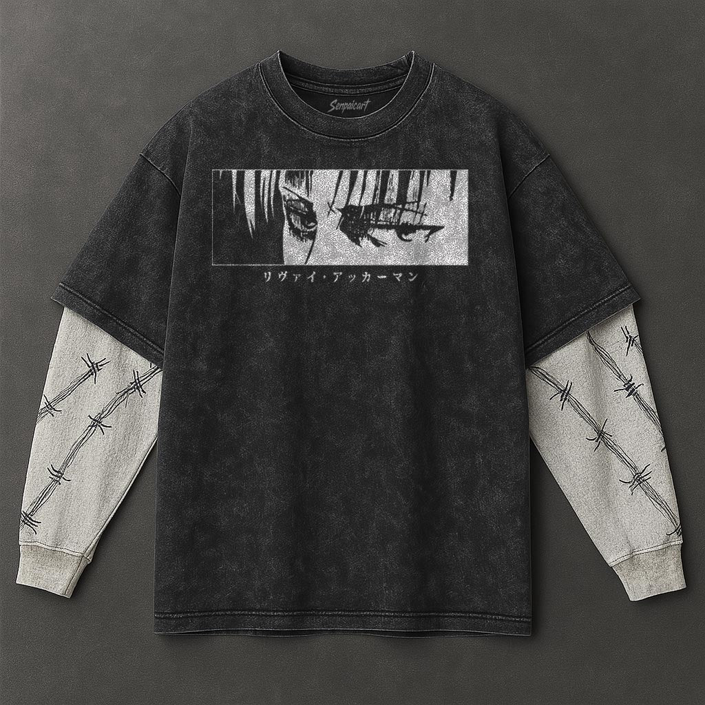 Attack on Titan Premium Drapey Black Double Sleeves Washed T-Shirt