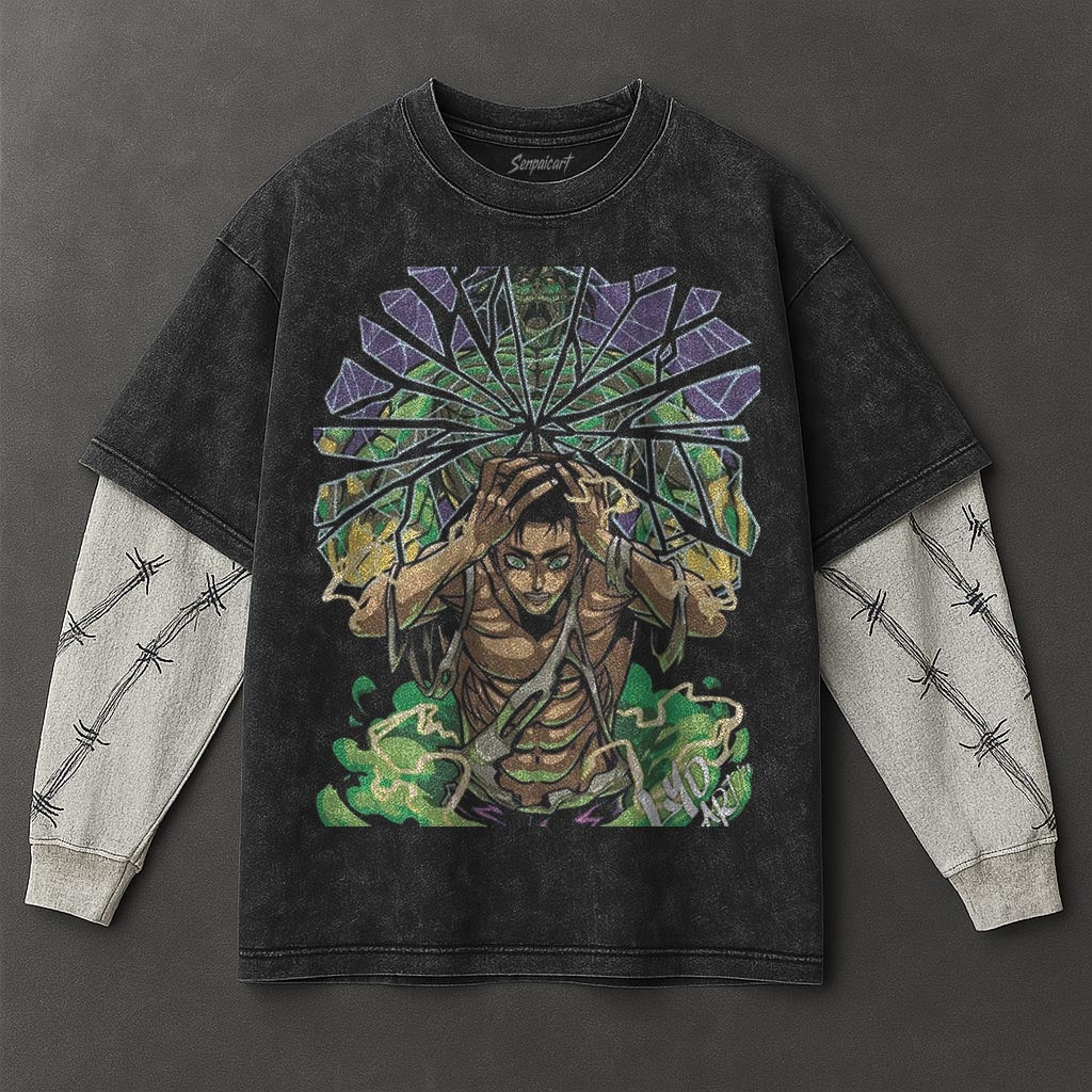 Attack on Titan Premium Flowy Black Double Sleeves Washed T-Shirt