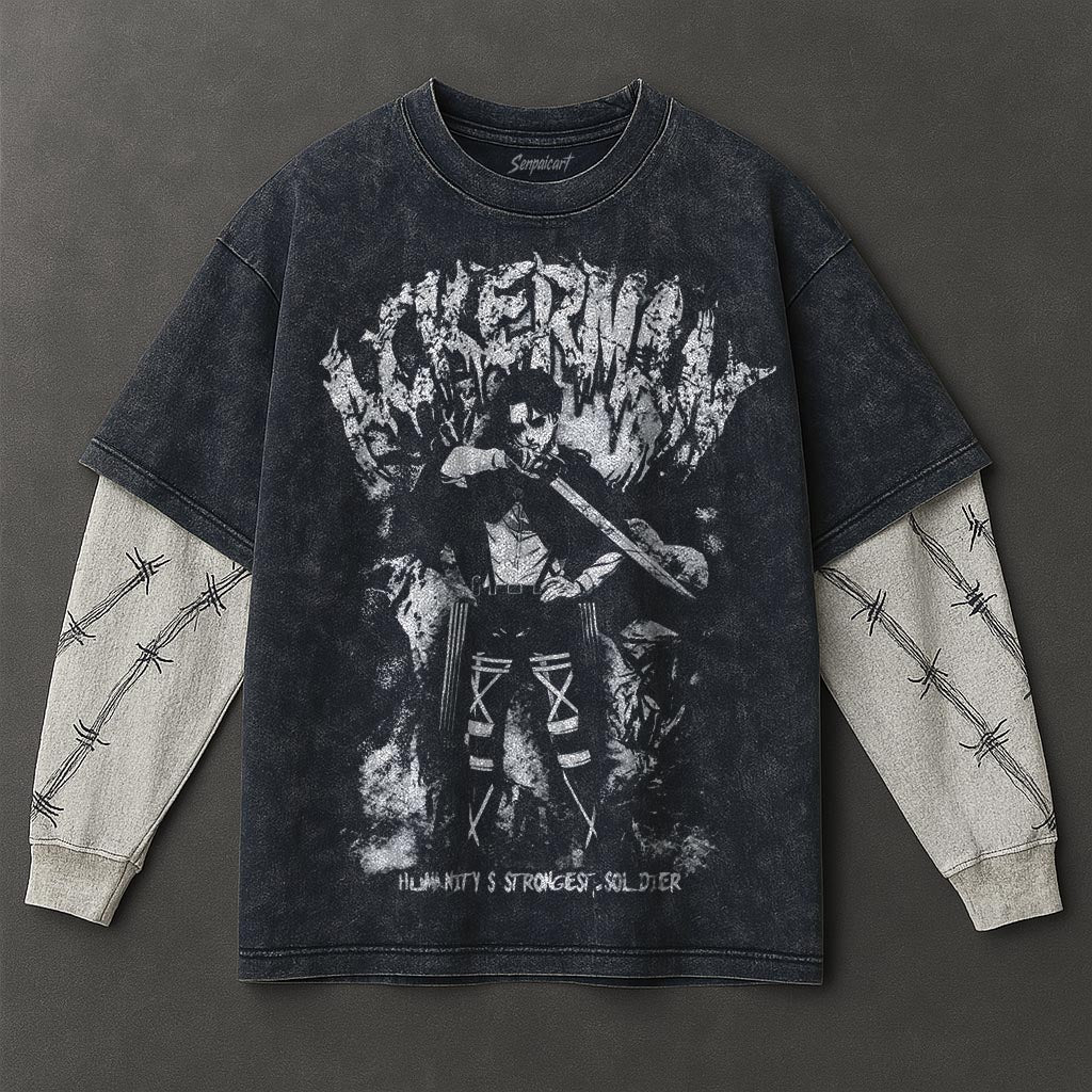 Attack on Titan Premium Flowy Double Sleeves Blue Washed T-Shirt