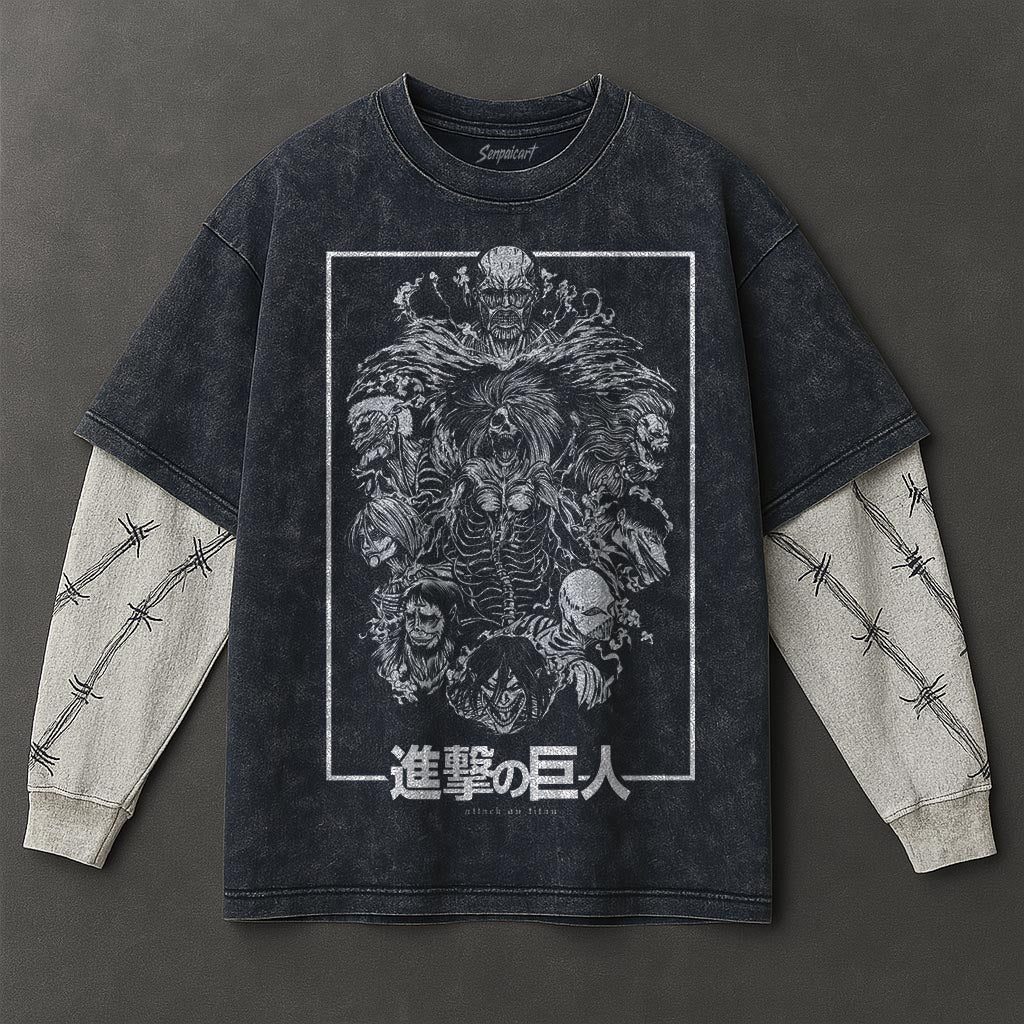 Attack on Titan Premium Oversized Double Sleeves Blue Washed T-Shirt