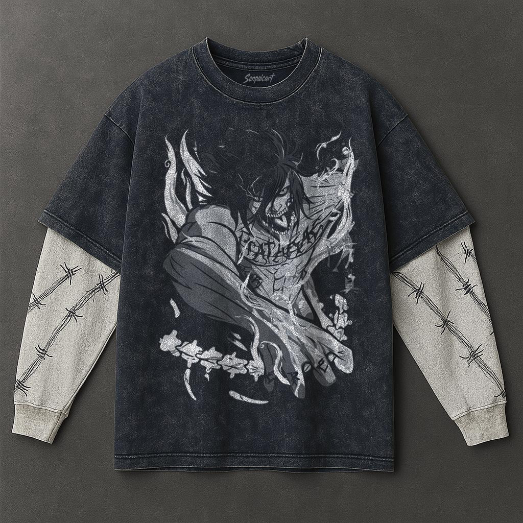 Attack on Titan Premium Comfy Double Sleeves Blue Washed T-Shirt