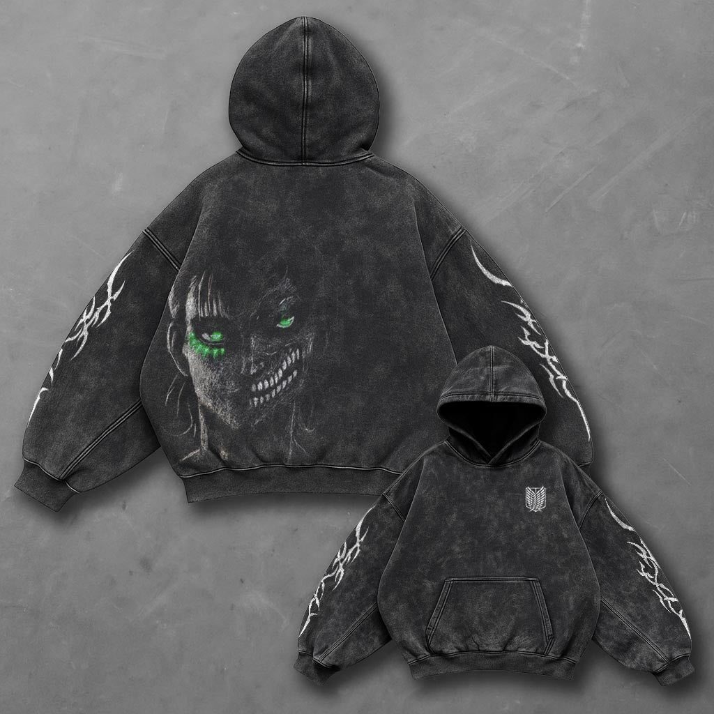 Attack on Titan Oversized Bold Black Washed Hoodie