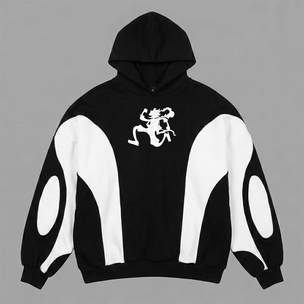 One Piece Minimal Design Black Patch Hoodie