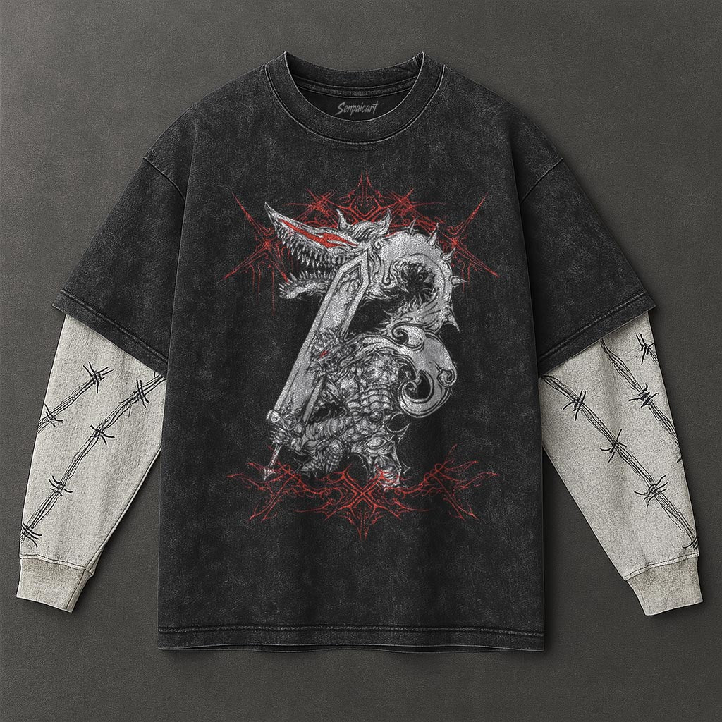 Berserk Premium Drapey Black Double Sleeves Washed T-Shirt