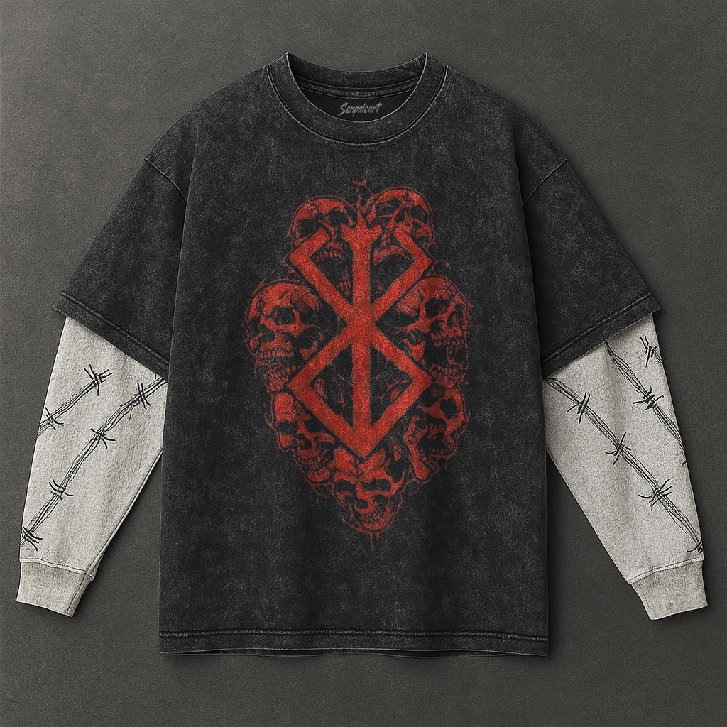 Berserk Premium Casual Black Double Sleeves Washed T-Shirt