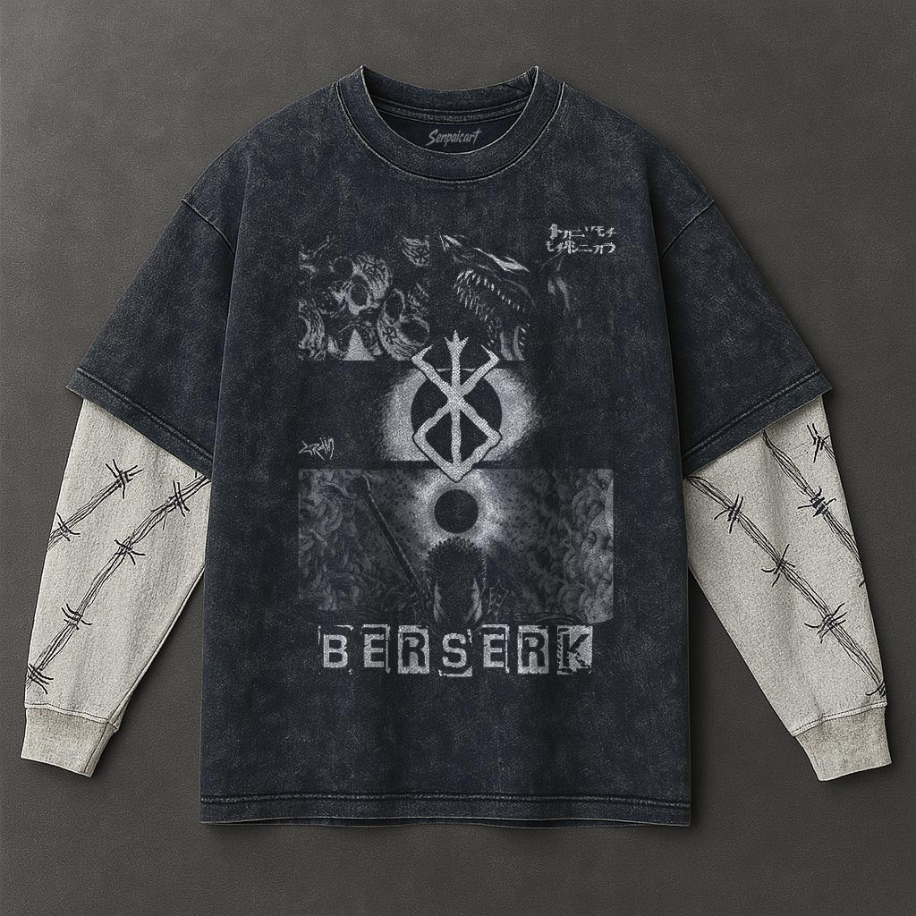 Berserk Premium Casual Double Sleeves Blue Washed T-Shirt