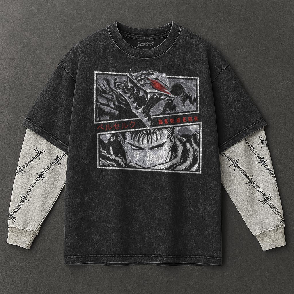 Berserk Premium Breezy Black Double Sleeves Washed T-Shirt