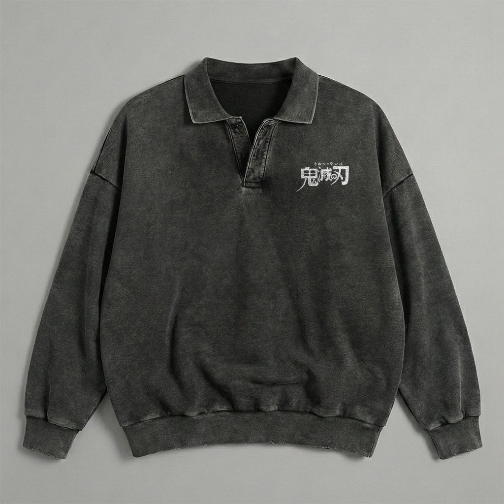 Demon Slayer Text Logo Collared Washed Sweatshirt