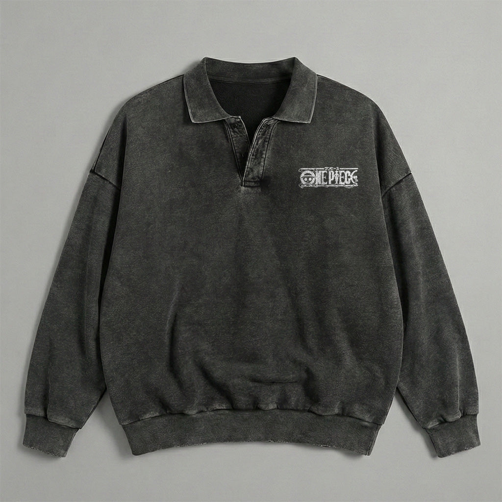 One Piece Logo Collared Washed Sweatshirt