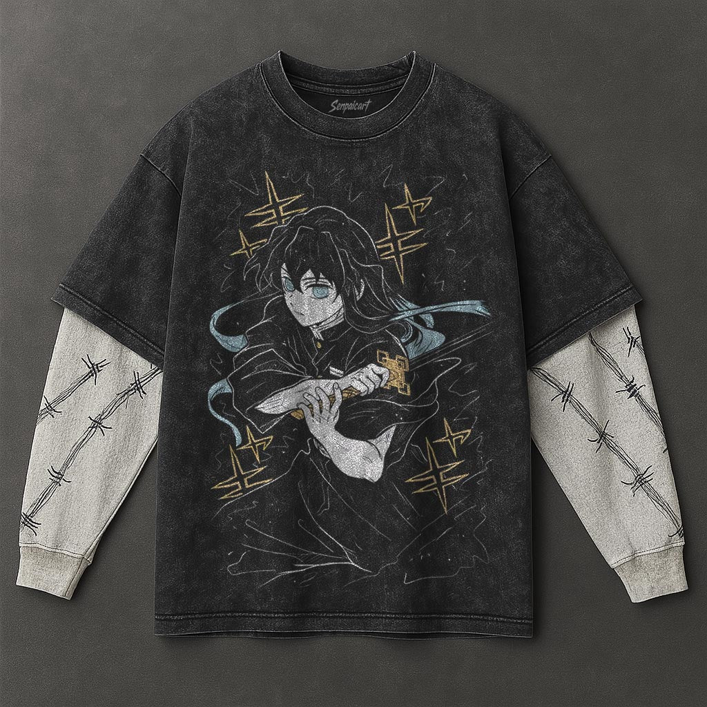 Demon Slayer Premium Comfy Black Double Sleeves Washed T-Shirt