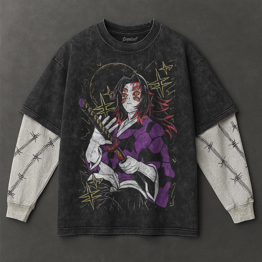 Demon Slayer Premium Cozy Black Double Sleeves Washed T-Shirt