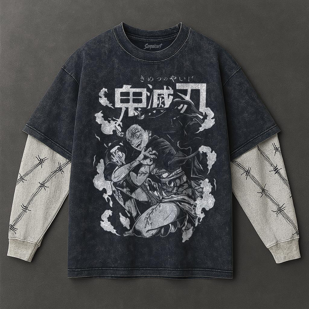 Demon Slayer Premium Effortless Double Sleeves Blue Washed T-Shirt