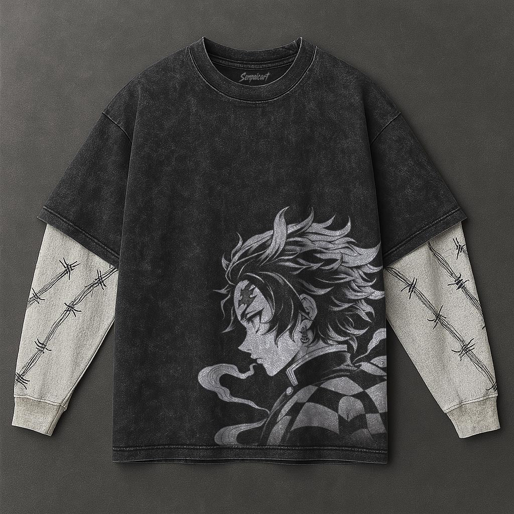 Demon Slayer Premium Loose Black Double Sleeves Washed T-Shirt