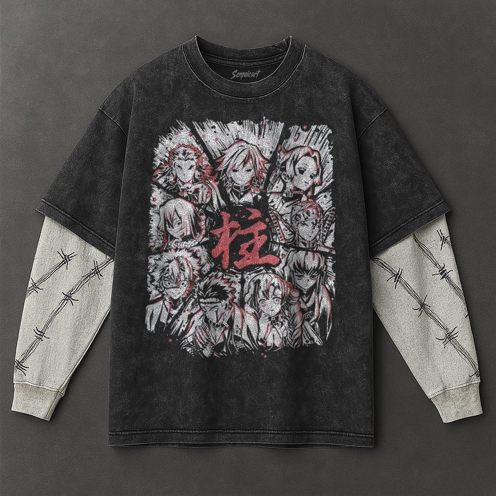 Demon Slayer Premium Casual Black Double Sleeves Washed T-Shirt