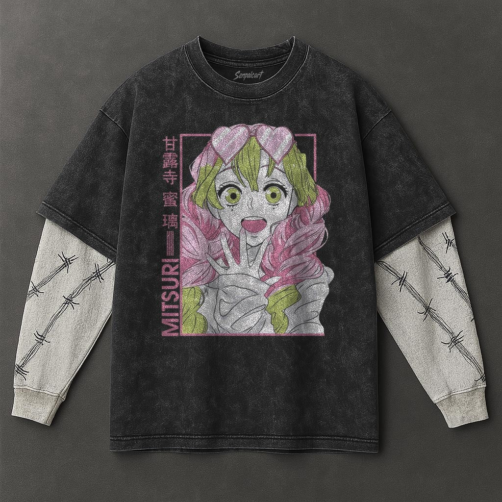 Demon Slayer Premium Soft Black Double Sleeves Washed T-Shirt