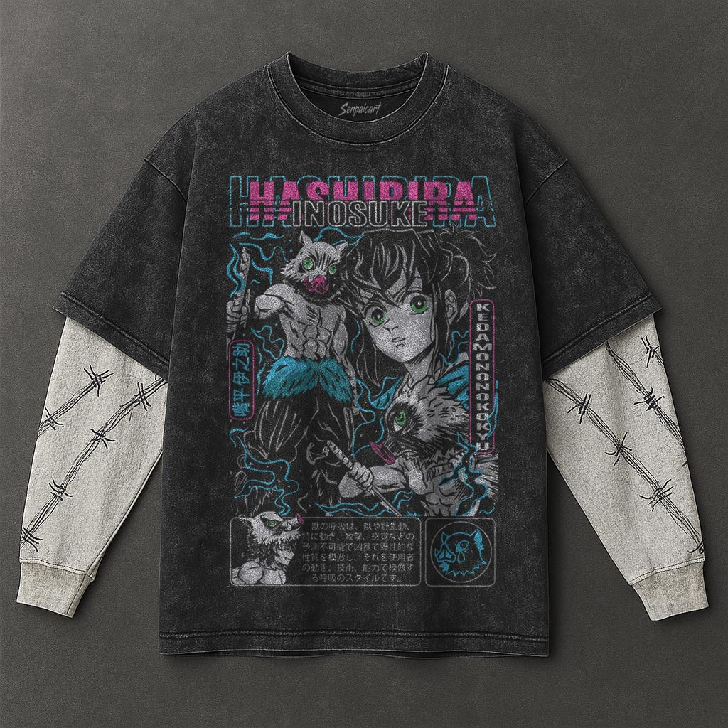 Demon Slayer Premium Breezy Black Double Sleeves Washed T-Shirt