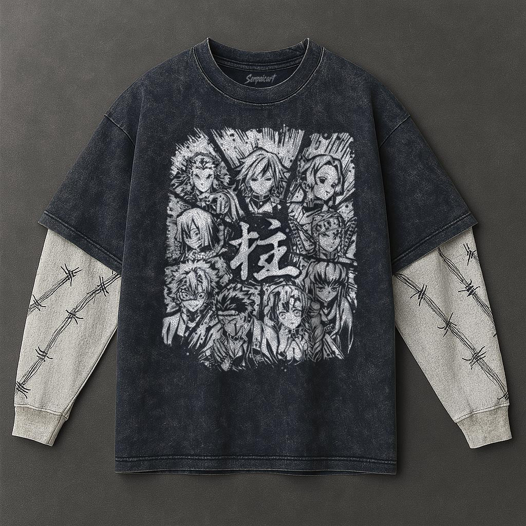 Demon Slayer Premium Lightweight Double Sleeves Blue Washed T-Shirt