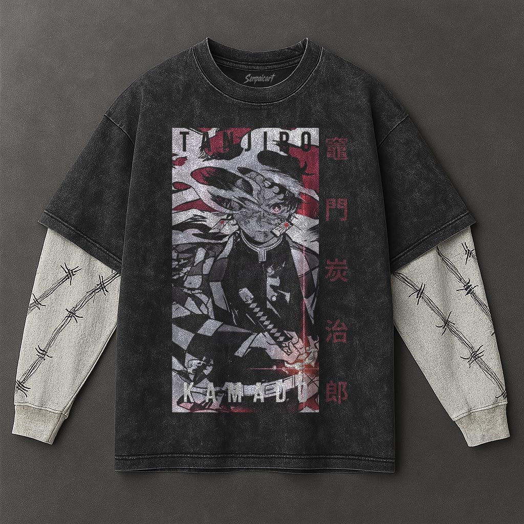 Demon Slayer Premium Oversized Black Double Sleeves Washed T-Shirt