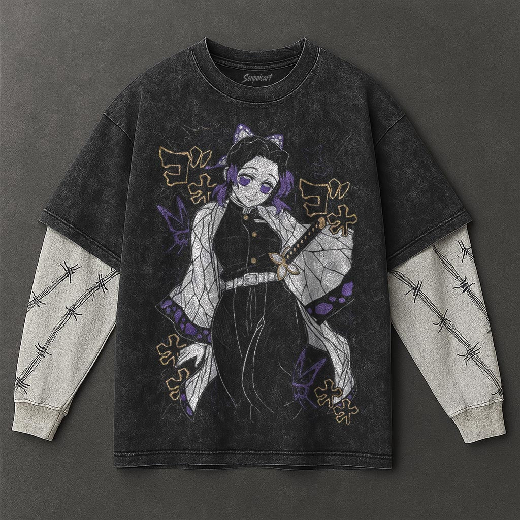 Demon Slayer Premium Drapey Black Double Sleeves Washed T-Shirt