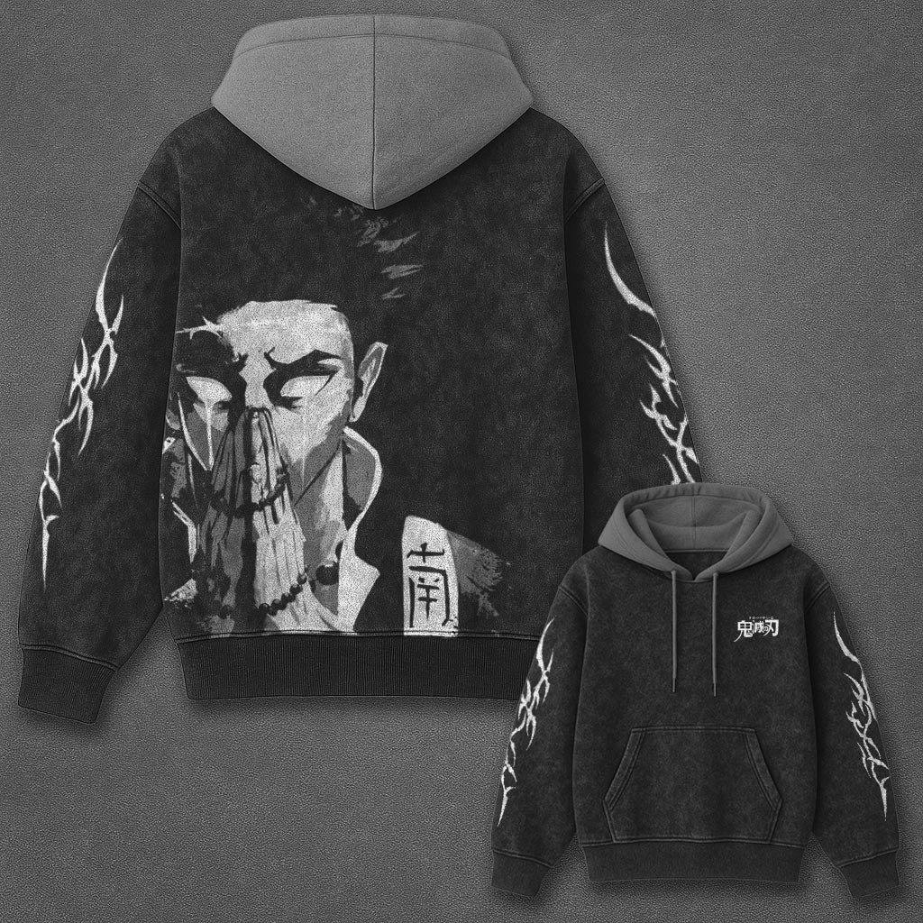 Demon Slayer Essential Oversized Black and Grey Washed Hoodie