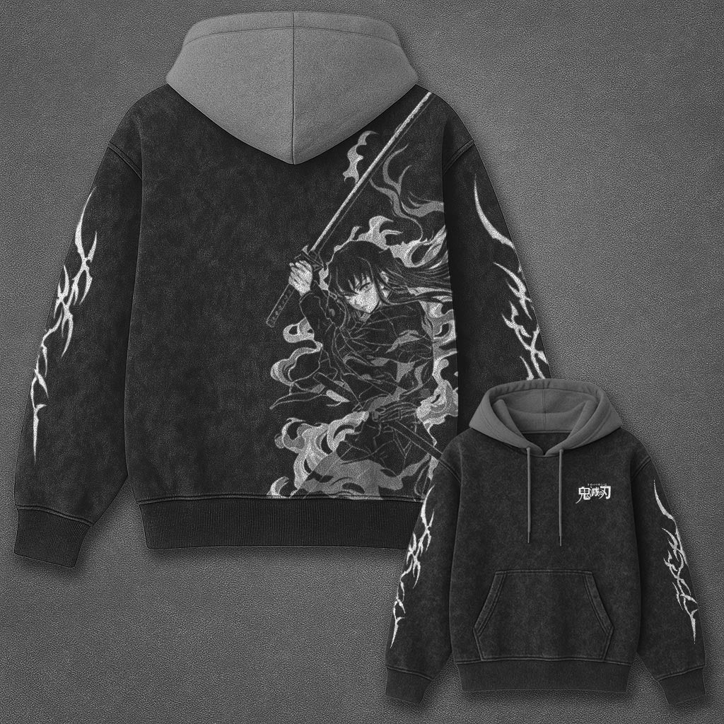 Demon Slayer Essential Clean Black and Grey Washed Hoodie