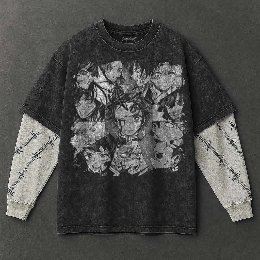 Demon Slayer Essential Clean Black Double Sleeves Washed Hoodie