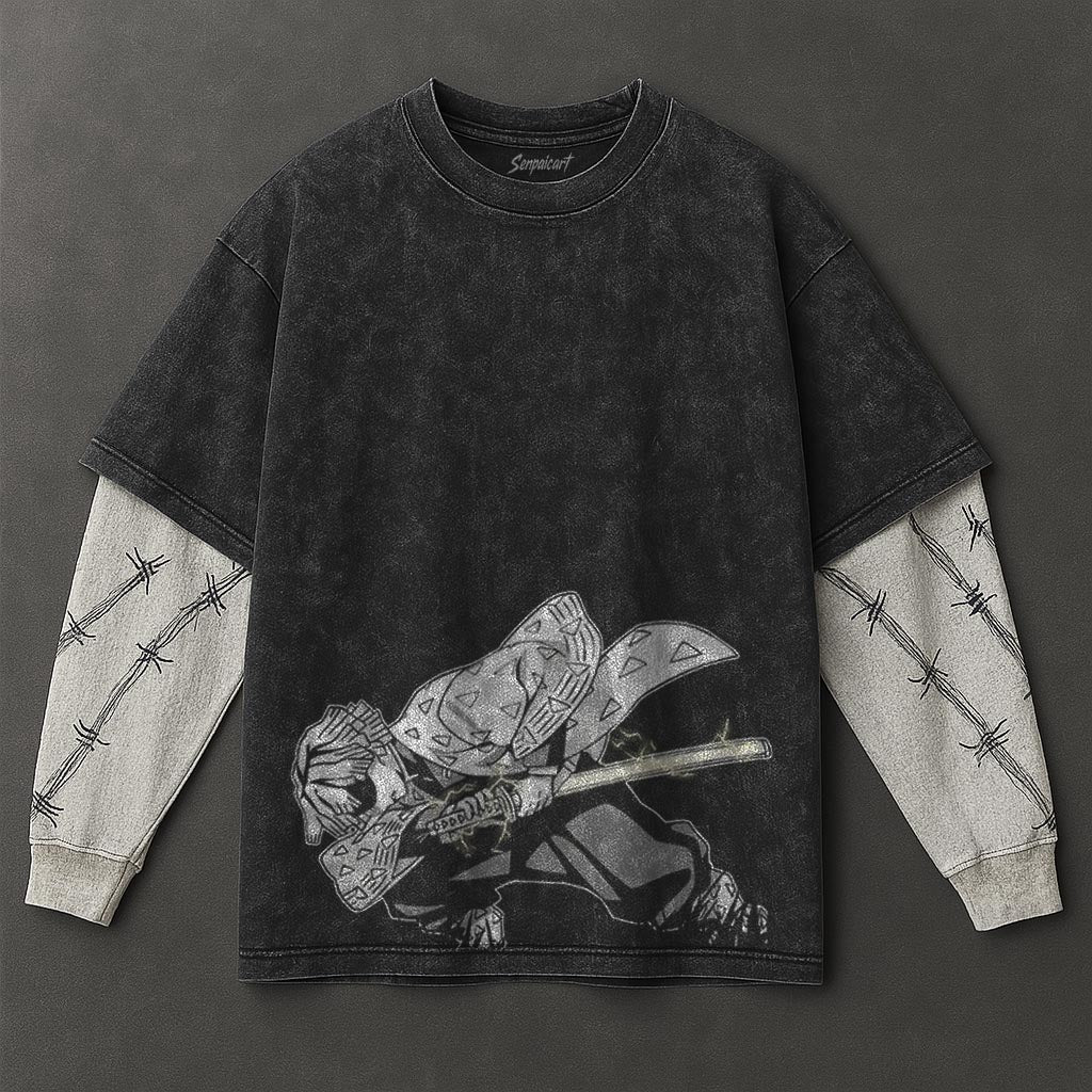 Demon Slayer Essential Sleek Black Double Sleeves Washed Hoodie