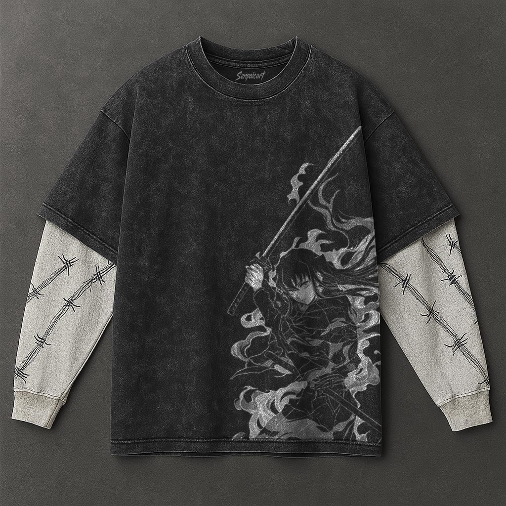 Demon Slayer Essential Bold Black Double Sleeves Washed Hoodie