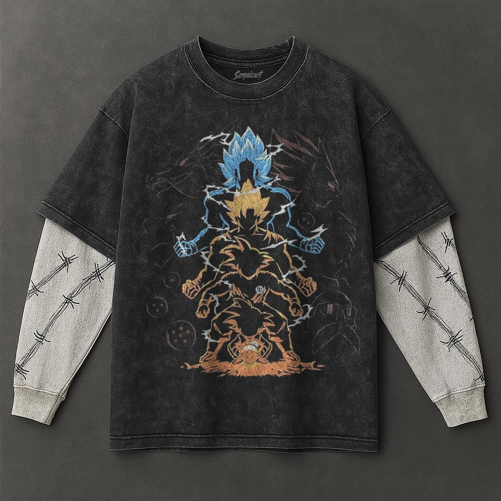 Dragon Ball Loose Double Sleeves Black Washed T-Shirt
