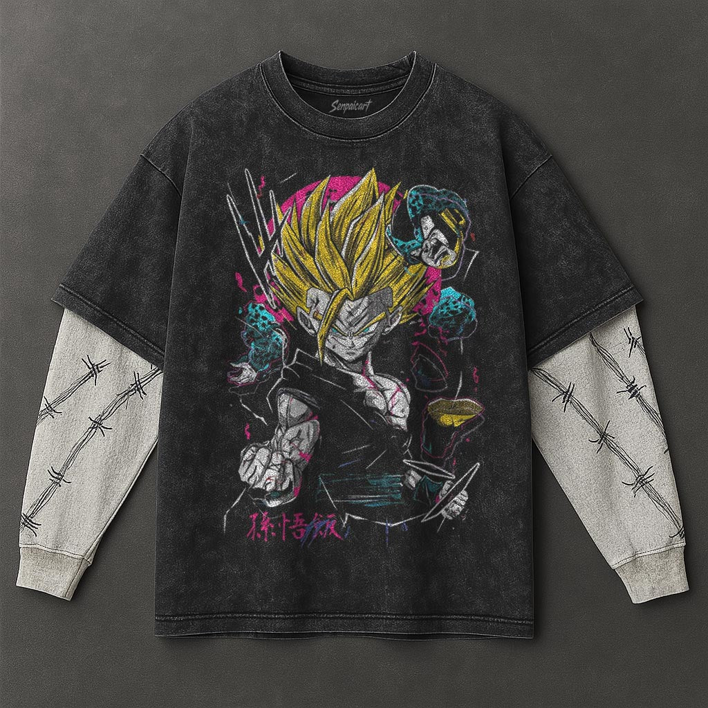 Dragon Ball Minimalist Double Sleeves Black Washed T-Shirt