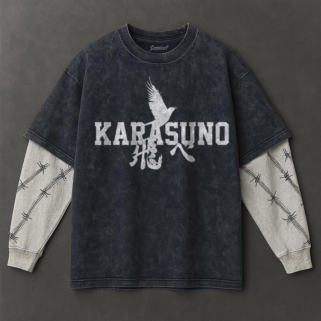 Haikyuu Premium Roomy Double Sleeves Blue Washed T-Shirt