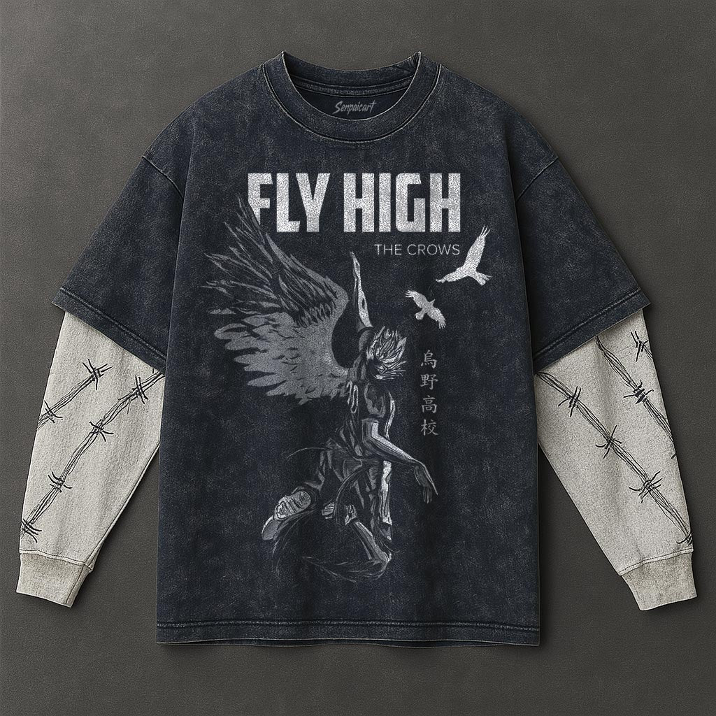 Haikyuu Premium Oversized Double Sleeves Blue Washed T-Shirt