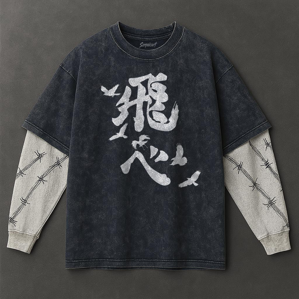 Haikyuu Premium Drapey Double Sleeves Blue Washed T-Shirt