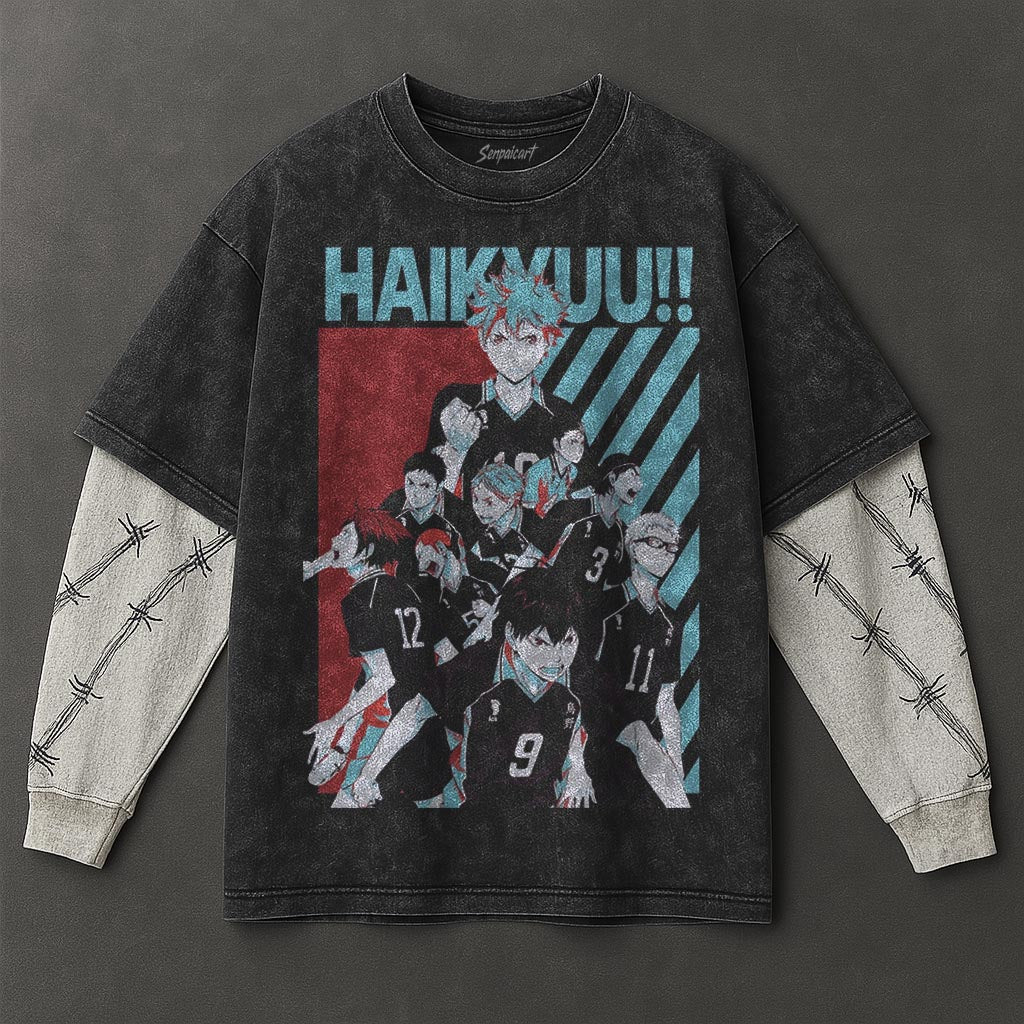 Haikyuu Premium Flowy Black Double Sleeves Washed T-Shirt