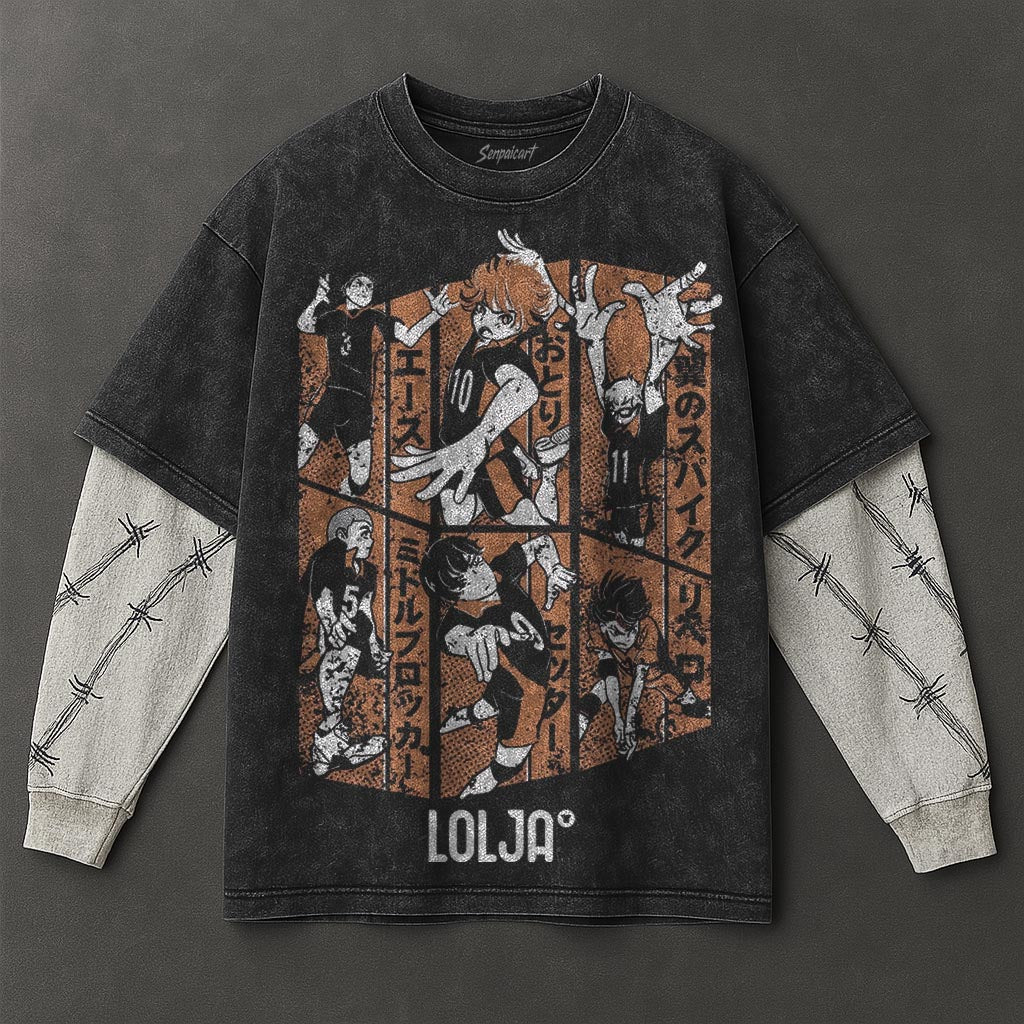Haikyuu Premium Loose Black Double Sleeves Washed T-Shirt