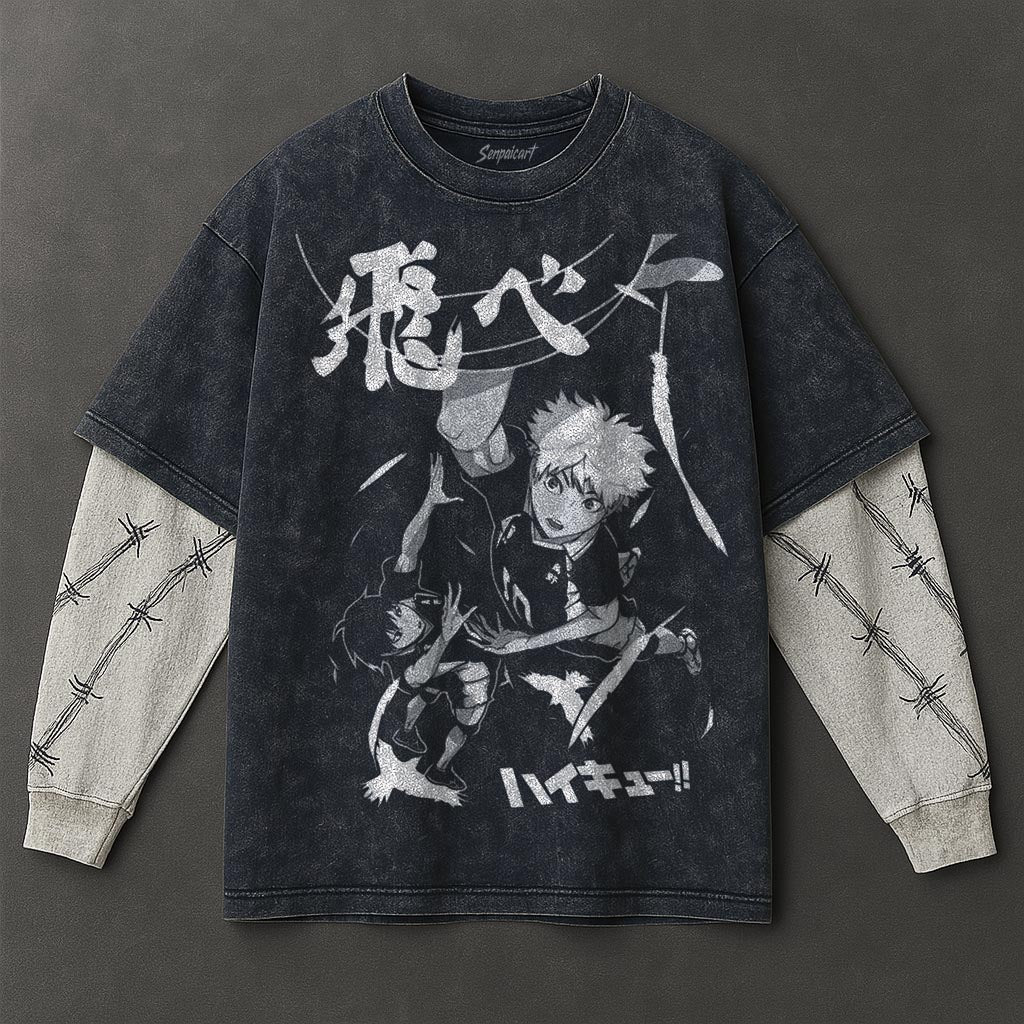 Haikyuu Premium Lightweight Double Sleeves Blue Washed T-Shirt