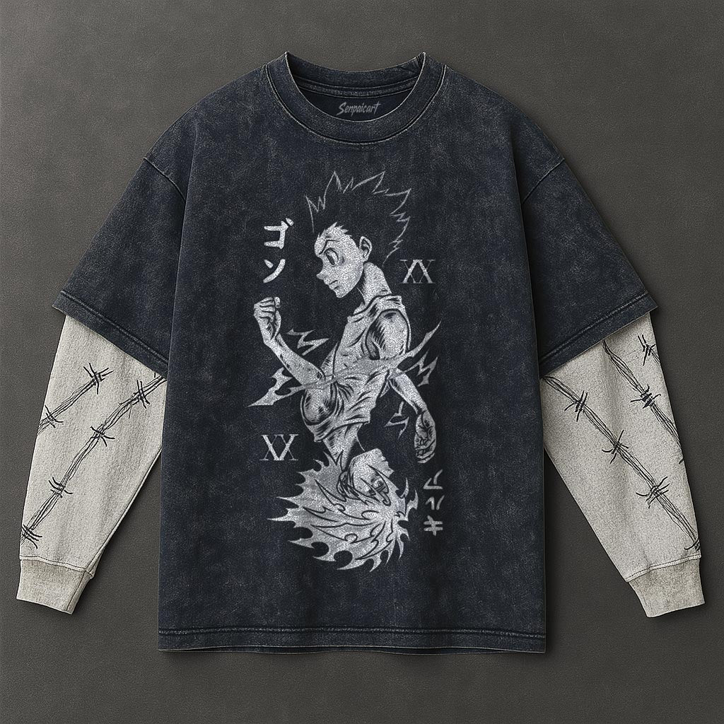 Hunter x Hunter Premium Sleek Double Sleeves Blue Washed T-Shirt