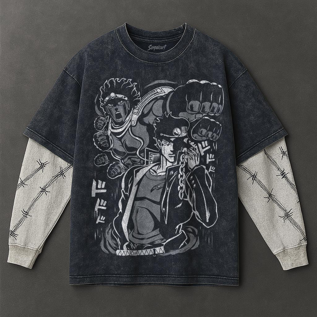 Jojo Premium Flowy Double Sleeves Blue Washed T-Shirt