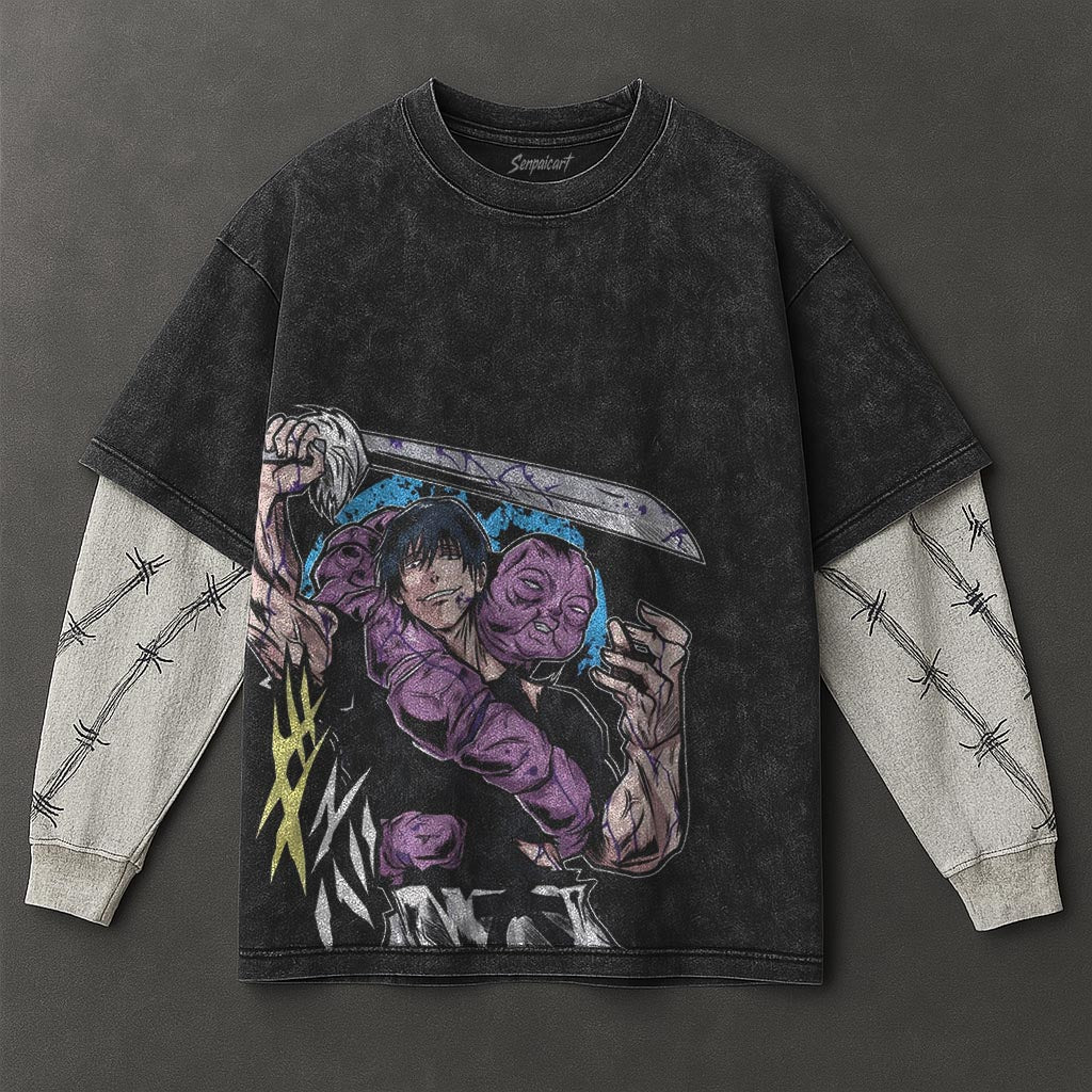 Jujutsu Kaisen Premium Casual Black Double Sleeves Washed T-Shirt