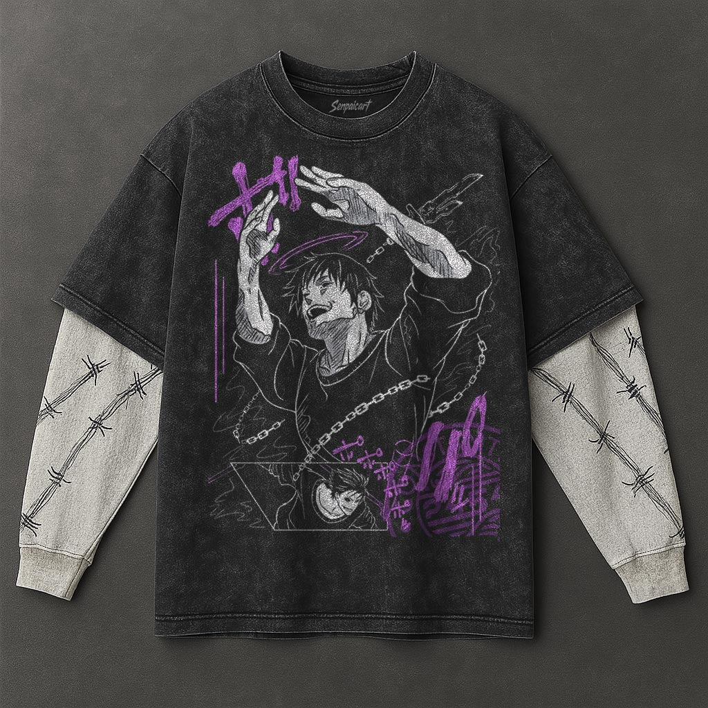 Jujutsu Kaisen Premium Airy Black Double Sleeves Washed T-Shirt
