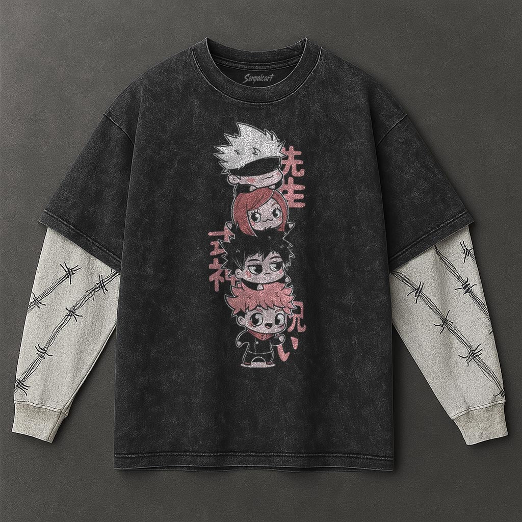 Jujutsu Kaisen Premium Relaxed Black Double Sleeves Washed T-Shirt