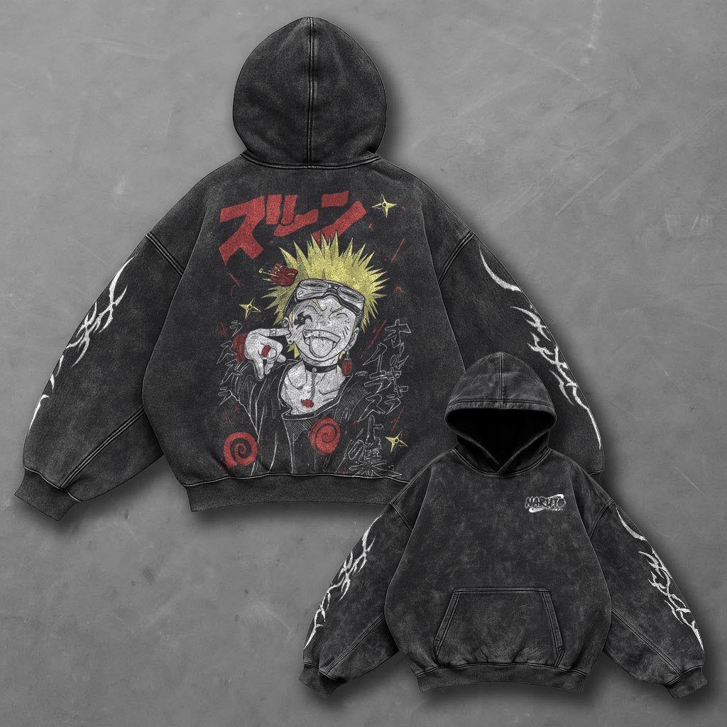 Naruto Oversized Street Black Washed Hoodie