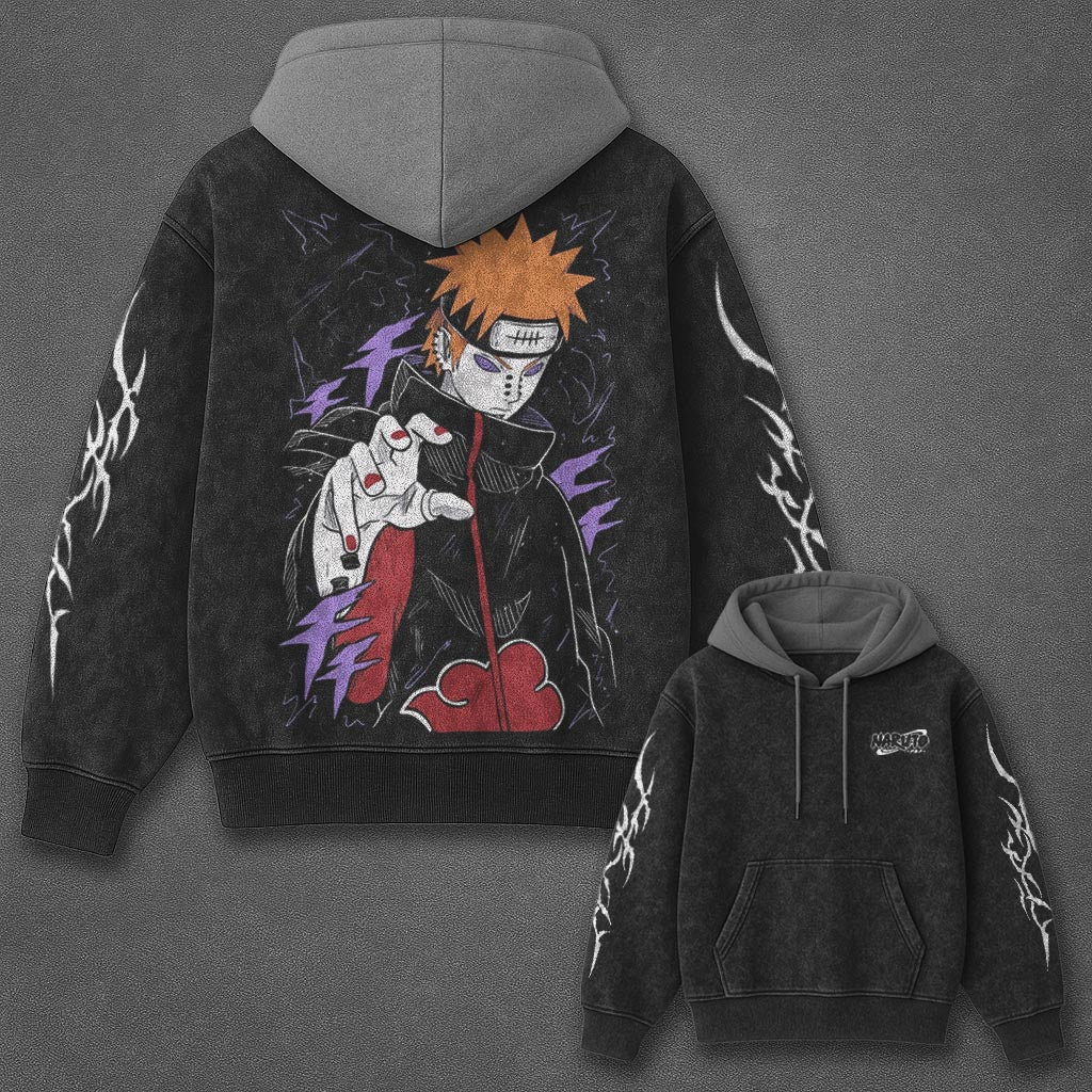 Naruto Oversized Minimal Black and Gray Washed Hoodie