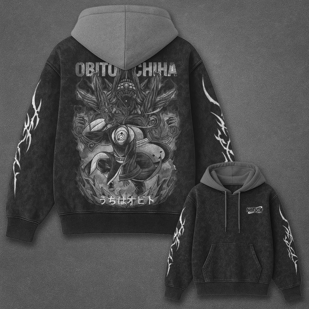 Naruto Oversized Clean Black and Gray Washed Hoodie
