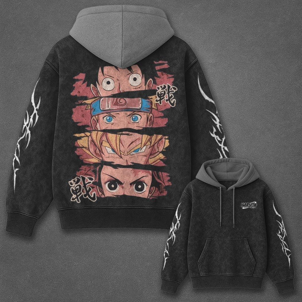 Naruto Oversized Fresh Black and Gray Washed Hoodie
