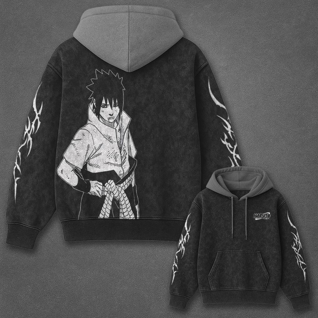 Naruto Oversized Timeless Black and Gray Washed Hoodie