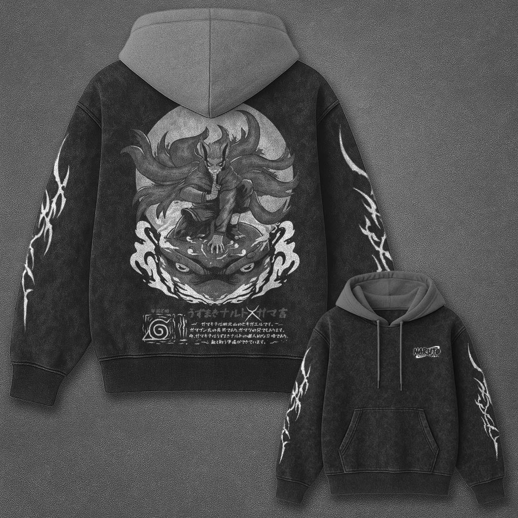Naruto Oversized Chill Black and Gray Washed Hoodie
