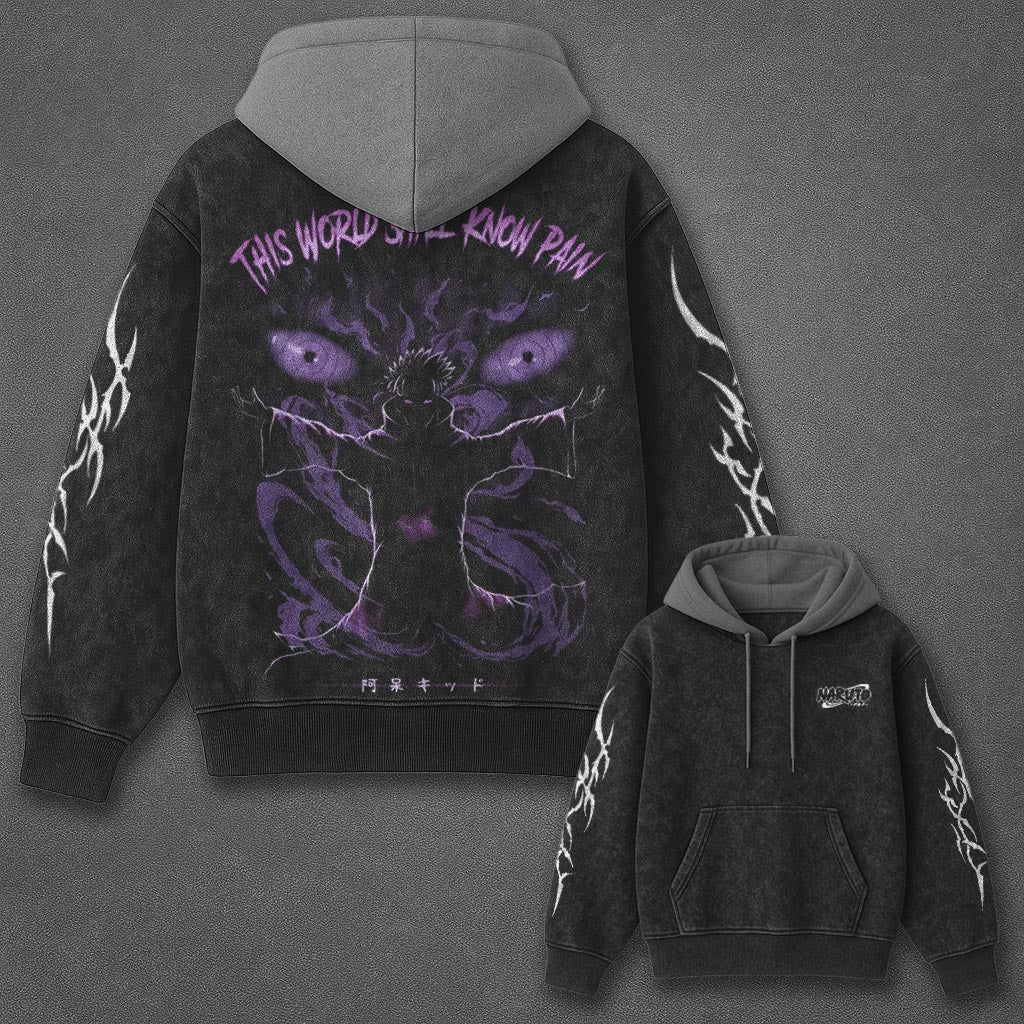 Naruto Oversized Cozy Black and Gray Washed Hoodie
