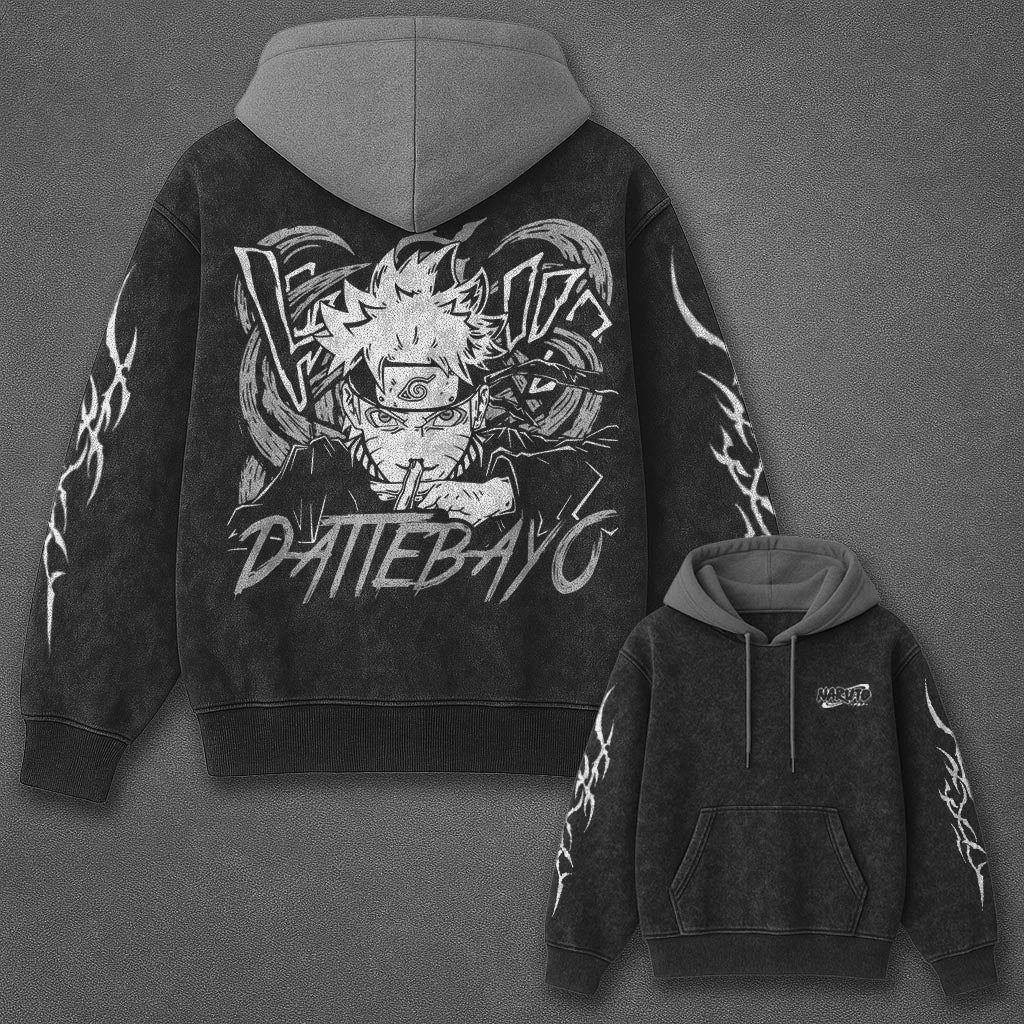 Naruto Oversized Classic Black and Gray Washed Hoodie